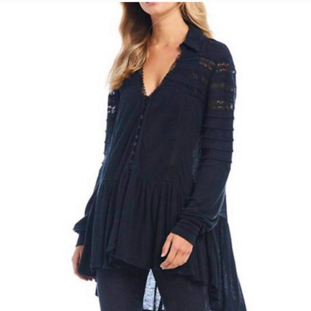 Free People Black Lace Button Peasant Top Set To Stun S P New Tags